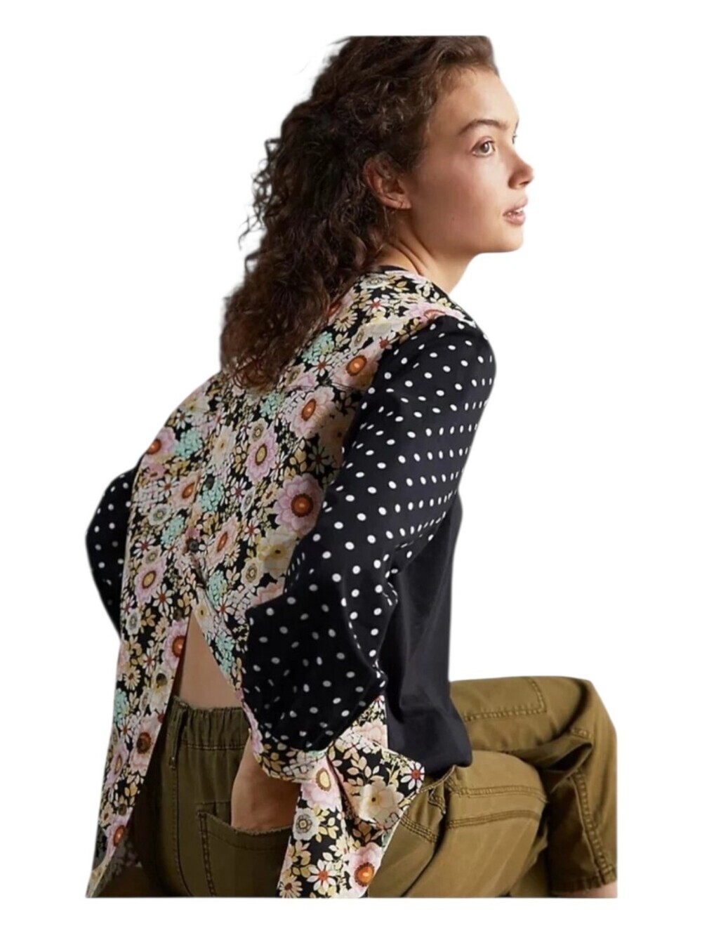 Maeve Womens Black Floral Print Contrast Cotton Eclectic Split Back Blouse XS
